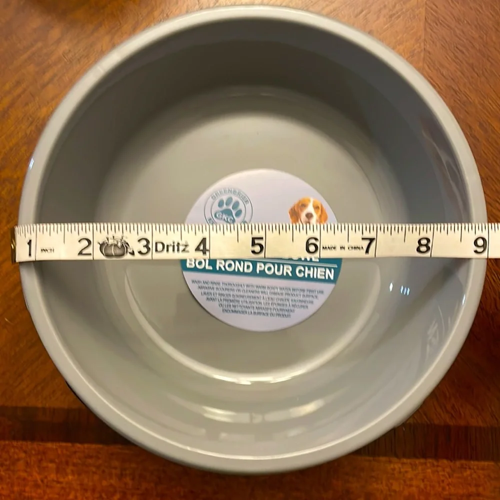 New two large dog bowls, one pet food jar, one small pet food jar